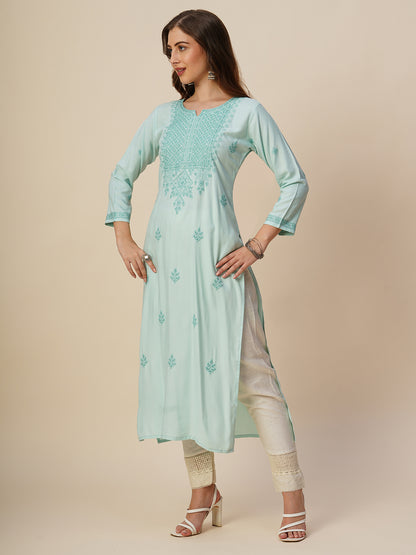 Rayon Straight Lucknowi Chikankari Ethnic Wear Kurta
