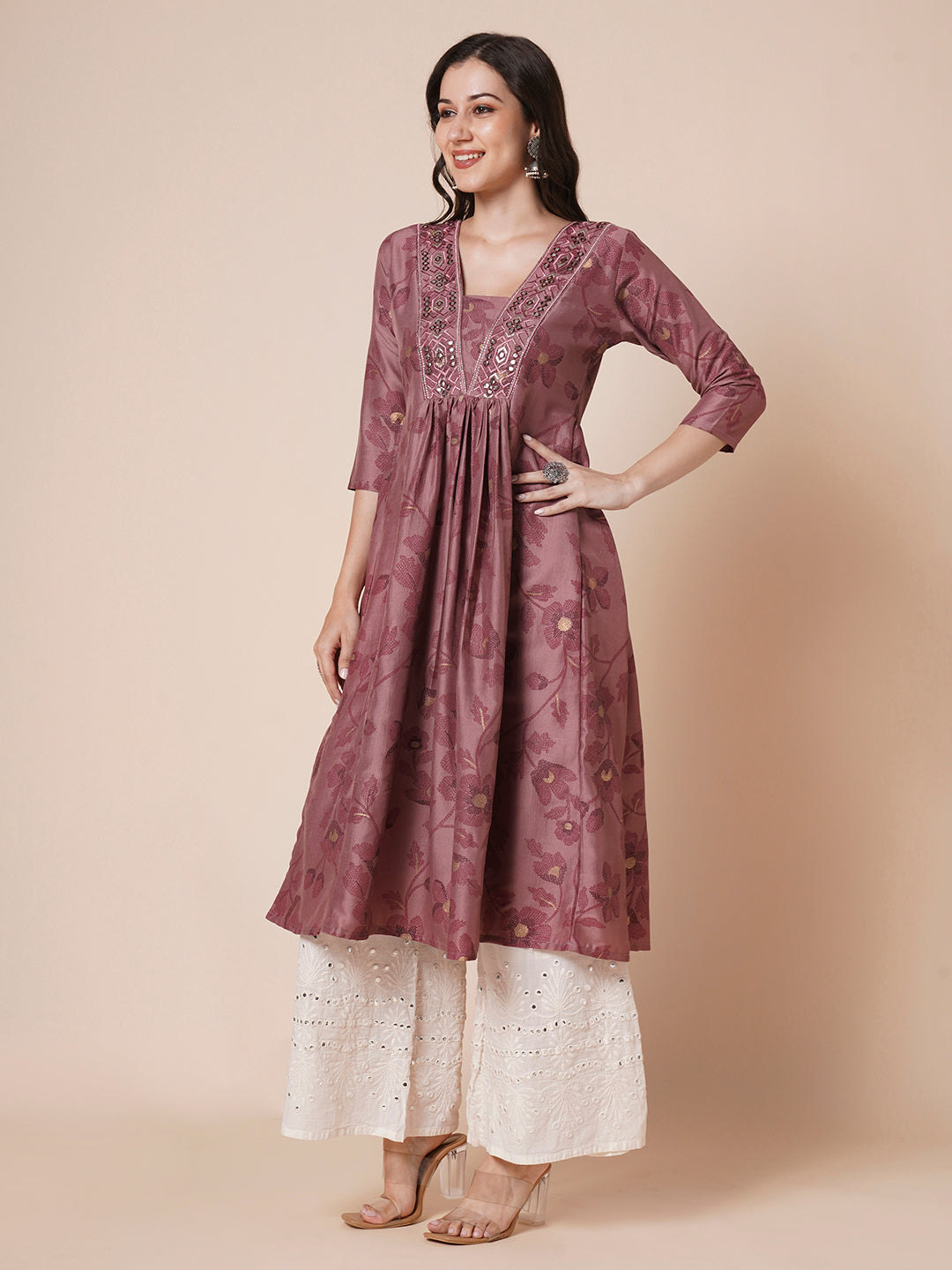 Women's Gold Printed Viscose Flared Mirrorwork Ethnic Wear Anarkali Kurta