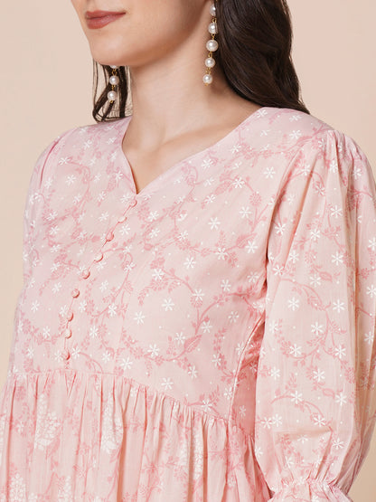 Women's Pure Cotton Tiered Printed Flared Kurti Gown Maxi Dress
