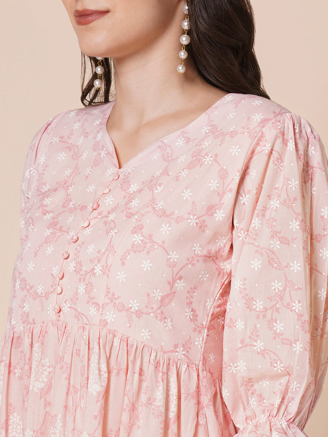 RATAN Women's Pure Cotton Tiered Printed Flared Kurti Gown Maxi Dress
