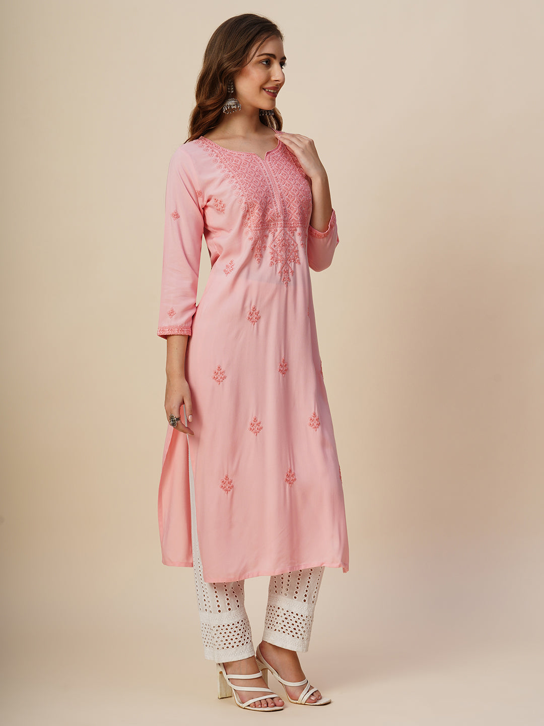 RATAN Women's Rayon Straight Lucknowi Chikankari Ethnic Wear Kurta