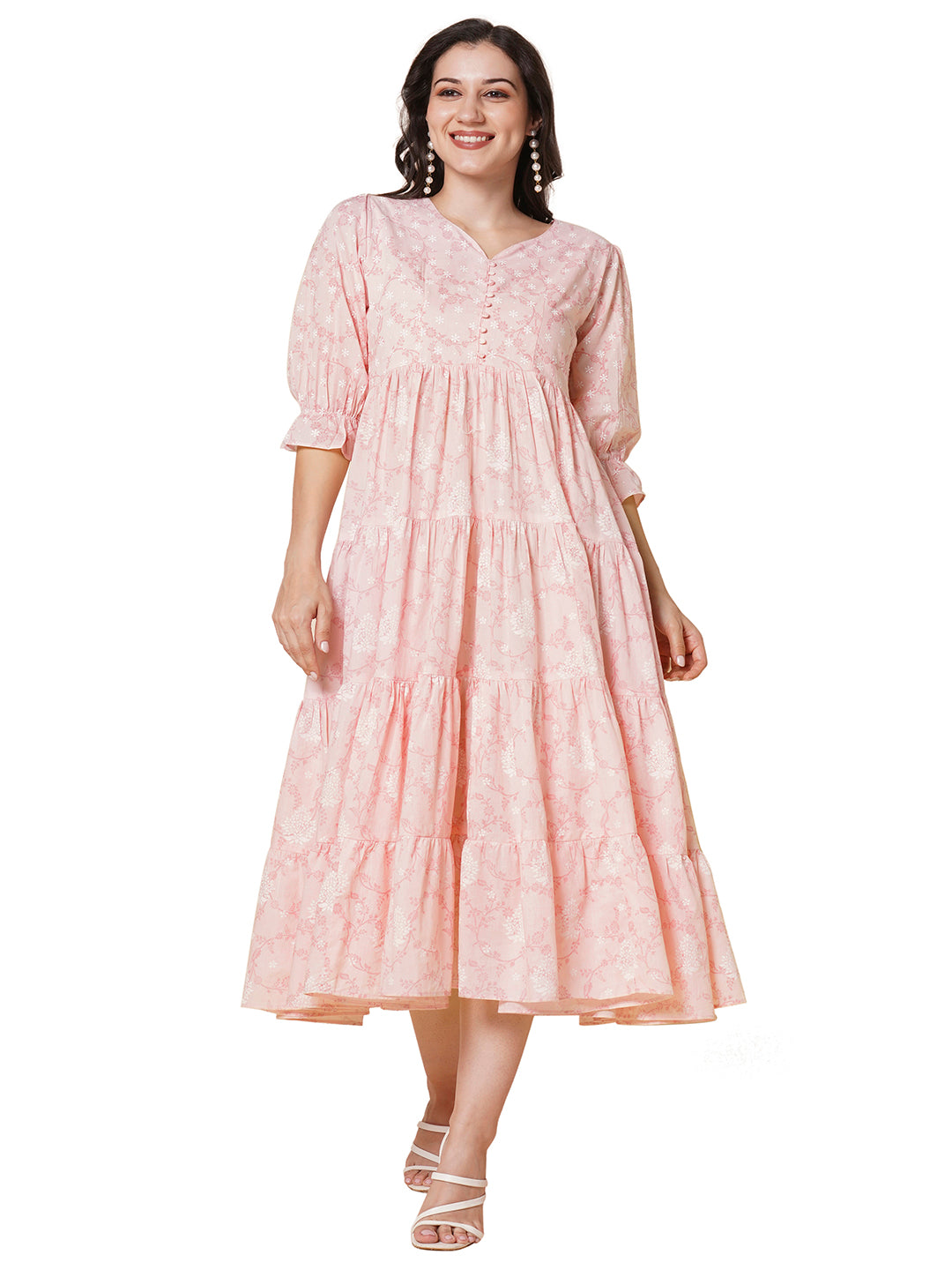 RATAN Women's Pure Cotton Tiered Printed Flared Kurti Gown Maxi Dress