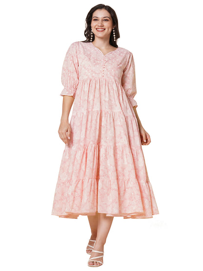 RATAN Women's Pure Cotton Tiered Printed Flared Kurti Gown Maxi Dress