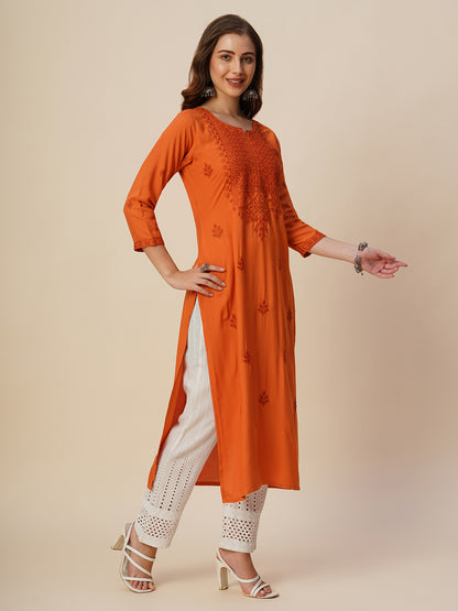 RATAN Women's Rayon Straight Lucknowi Chikankari Ethnic Wear Kurta