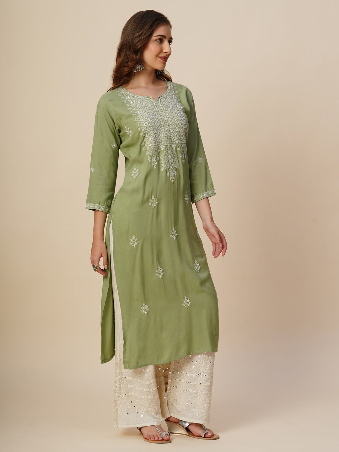RATAN Women's Rayon Straight Lucknowi Chikankari Ethnic Wear Kurta
