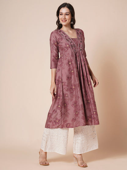 RATAN Women's Gold Printed Viscose Flared Mirrorwork Ethnic Wear Anarkali Kurta