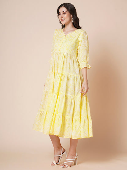 Women's Pure Cotton Tiered Printed Flared Kurti Gown Maxi Dress