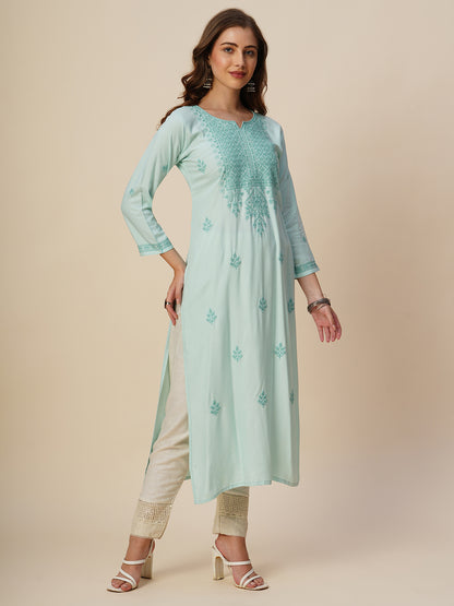 RATAN Women's Rayon Straight Lucknowi Chikankari Ethnic Wear Kurta