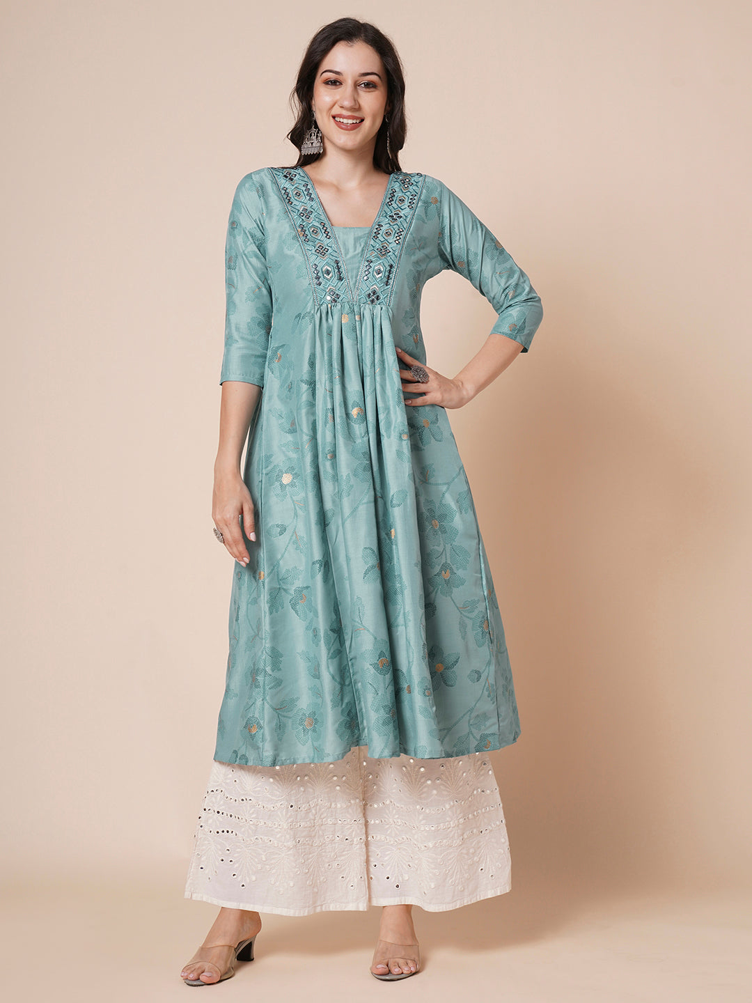 Women's Gold Printed Viscose Flared Mirrorwork Ethnic Wear Anarkali Kurta