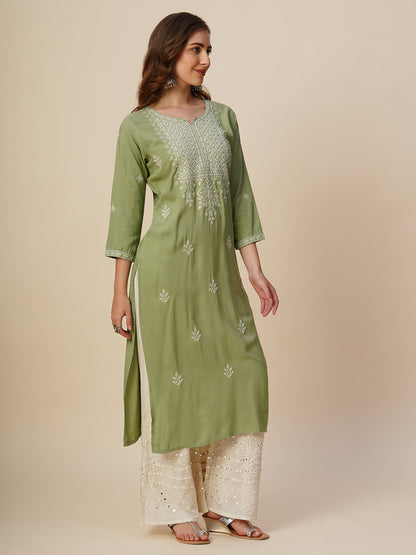 Rayon Straight Lucknowi Chikankari Ethnic Wear Kurta