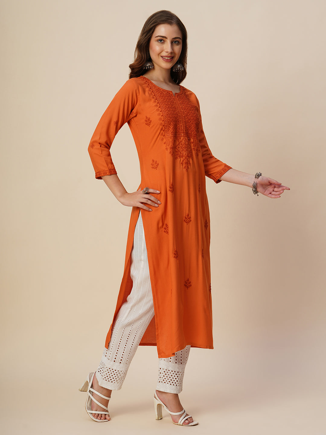 Rayon Straight Lucknowi Chikankari Ethnic Wear Kurta