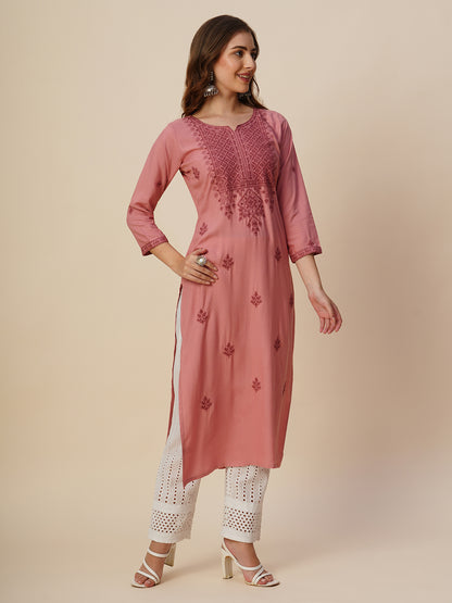 RATAN Women's Rayon Straight Lucknowi Chikankari Ethnic Wear Kurta