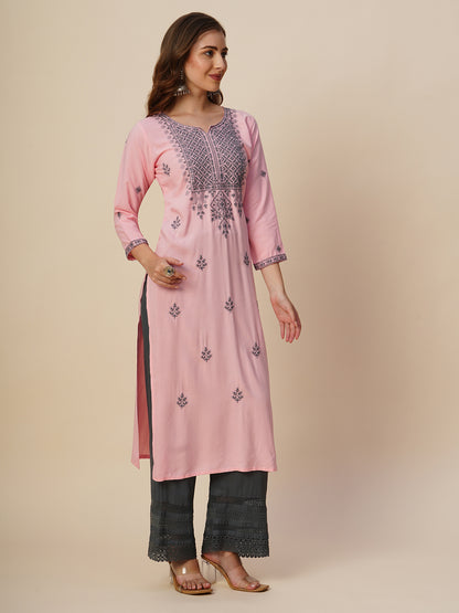RATAN Women's Rayon Straight Lucknowi Chikankari Ethnic Wear Kurta