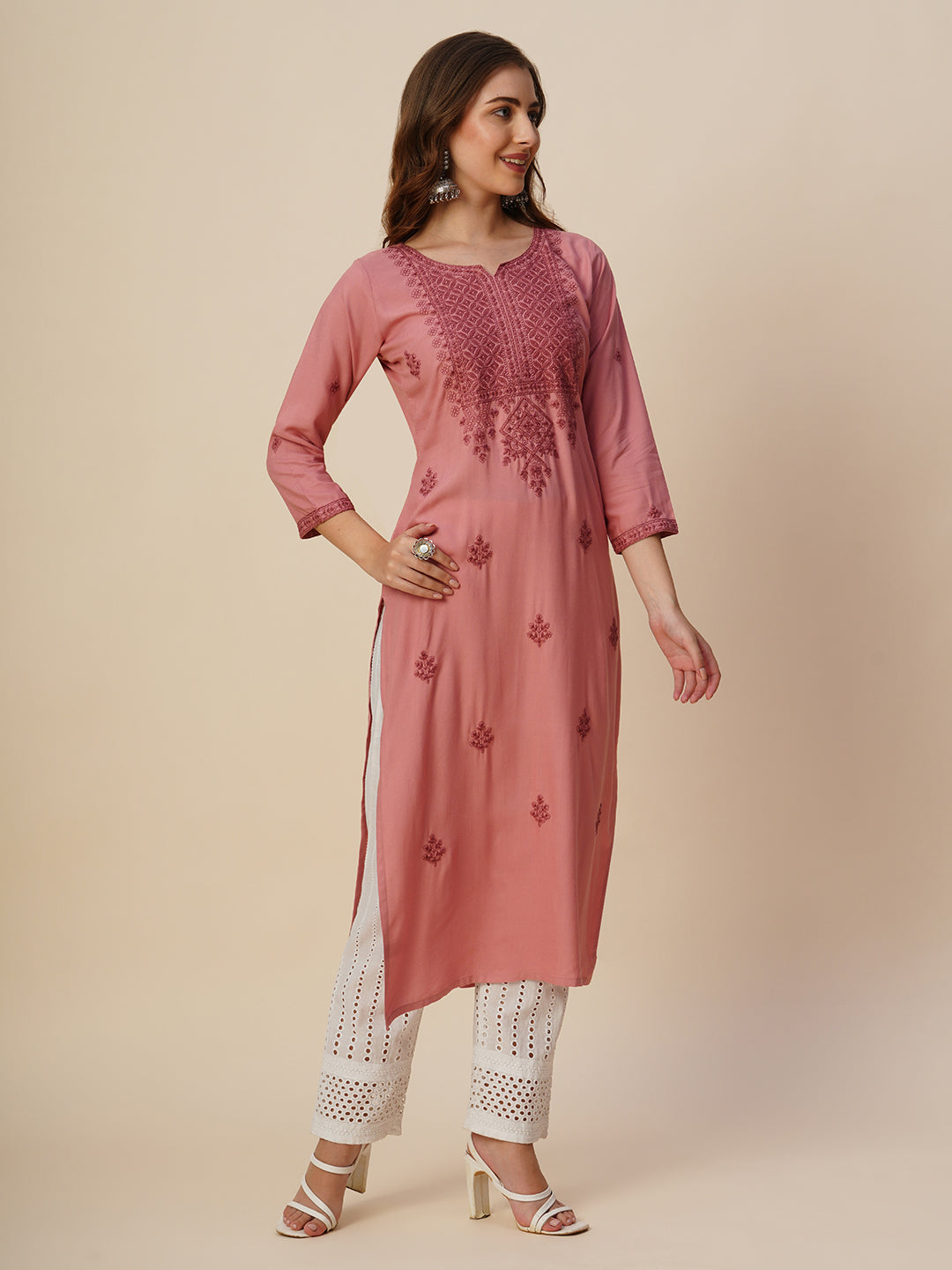 Rayon Straight Lucknowi Chikankari Ethnic Wear Kurta