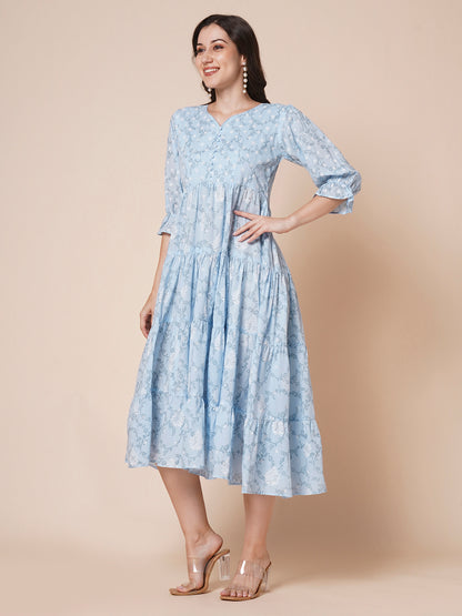 Women's Pure Cotton Tiered Printed Flared Kurti Gown Maxi Dress