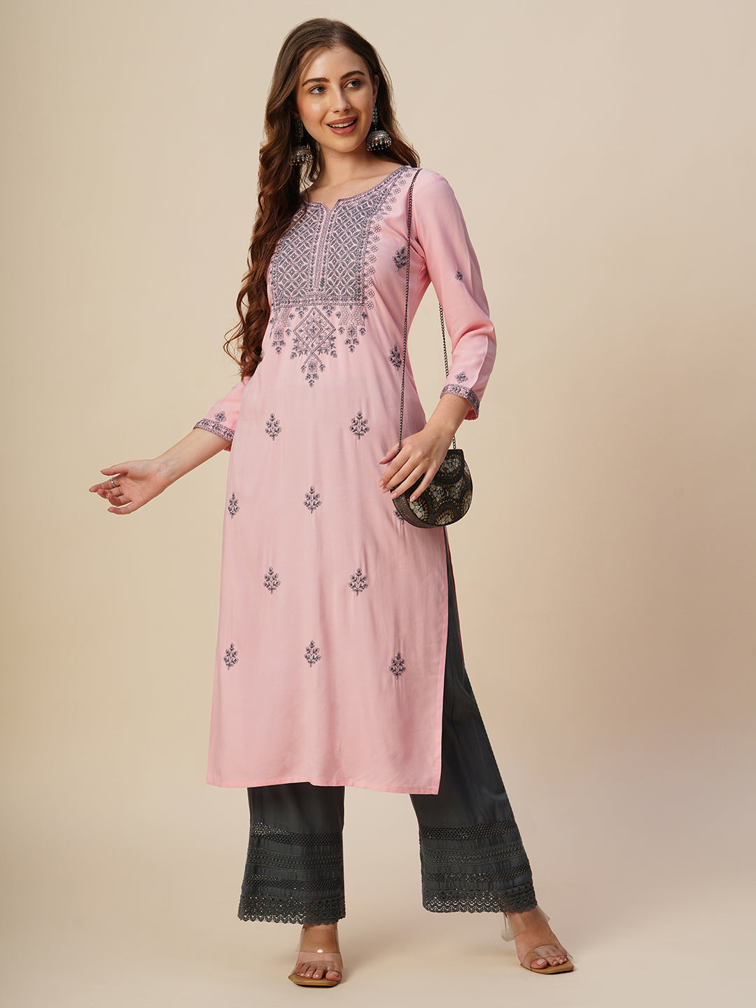 RATAN Women's Rayon Straight Lucknowi Chikankari Ethnic Wear Kurta