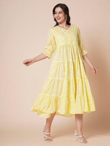 Women's Pure Cotton Tiered Printed Flared Kurti Gown Maxi Dress