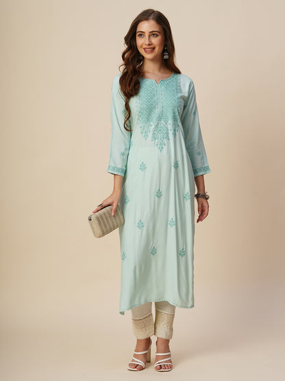 RATAN Women's Rayon Straight Lucknowi Chikankari Ethnic Wear Kurta