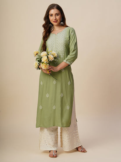 Rayon Straight Lucknowi Chikankari Ethnic Wear Kurta