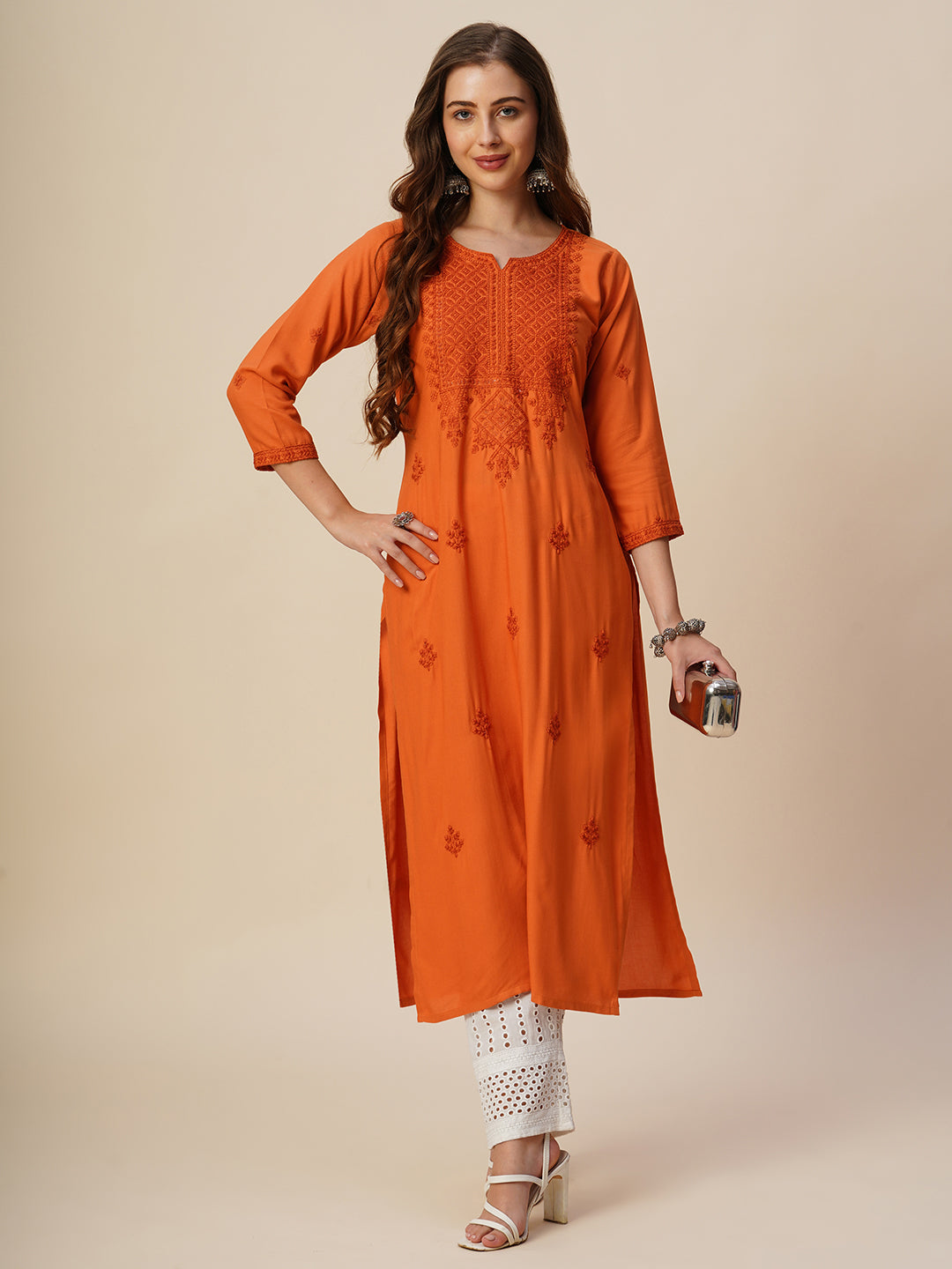Rayon Straight Lucknowi Chikankari Ethnic Wear Kurta