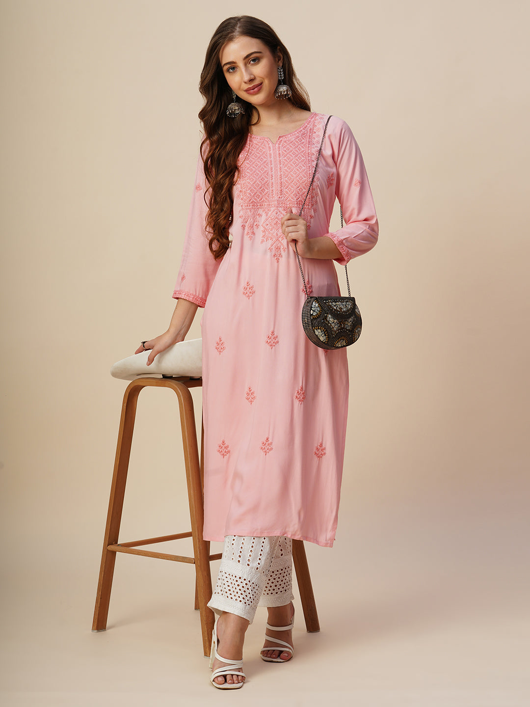 RATAN Women's Rayon Straight Lucknowi Chikankari Ethnic Wear Kurta