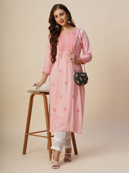 Rayon Straight Lucknowi Chikankari Ethnic Wear Kurta