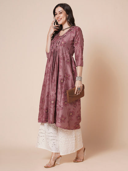 Women's Gold Printed Viscose Flared Mirrorwork Ethnic Wear Anarkali Kurta