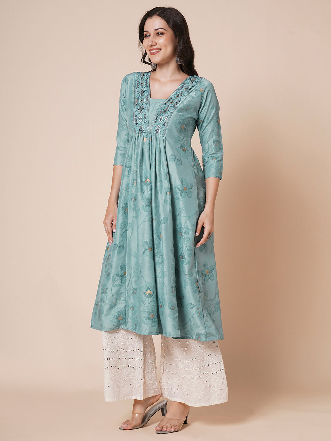 RATAN Women's Gold Printed Viscose Flared Mirrorwork Ethnic Wear Anarkali Kurta