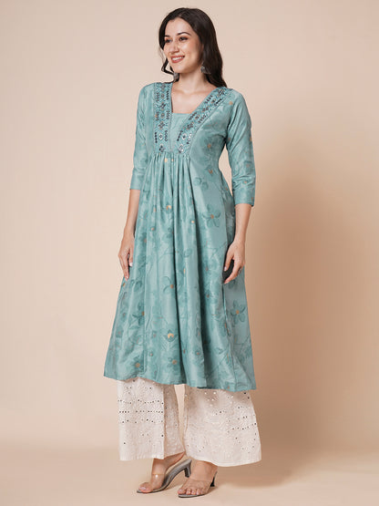 RATAN Women's Gold Printed Viscose Flared Mirrorwork Ethnic Wear Anarkali Kurta