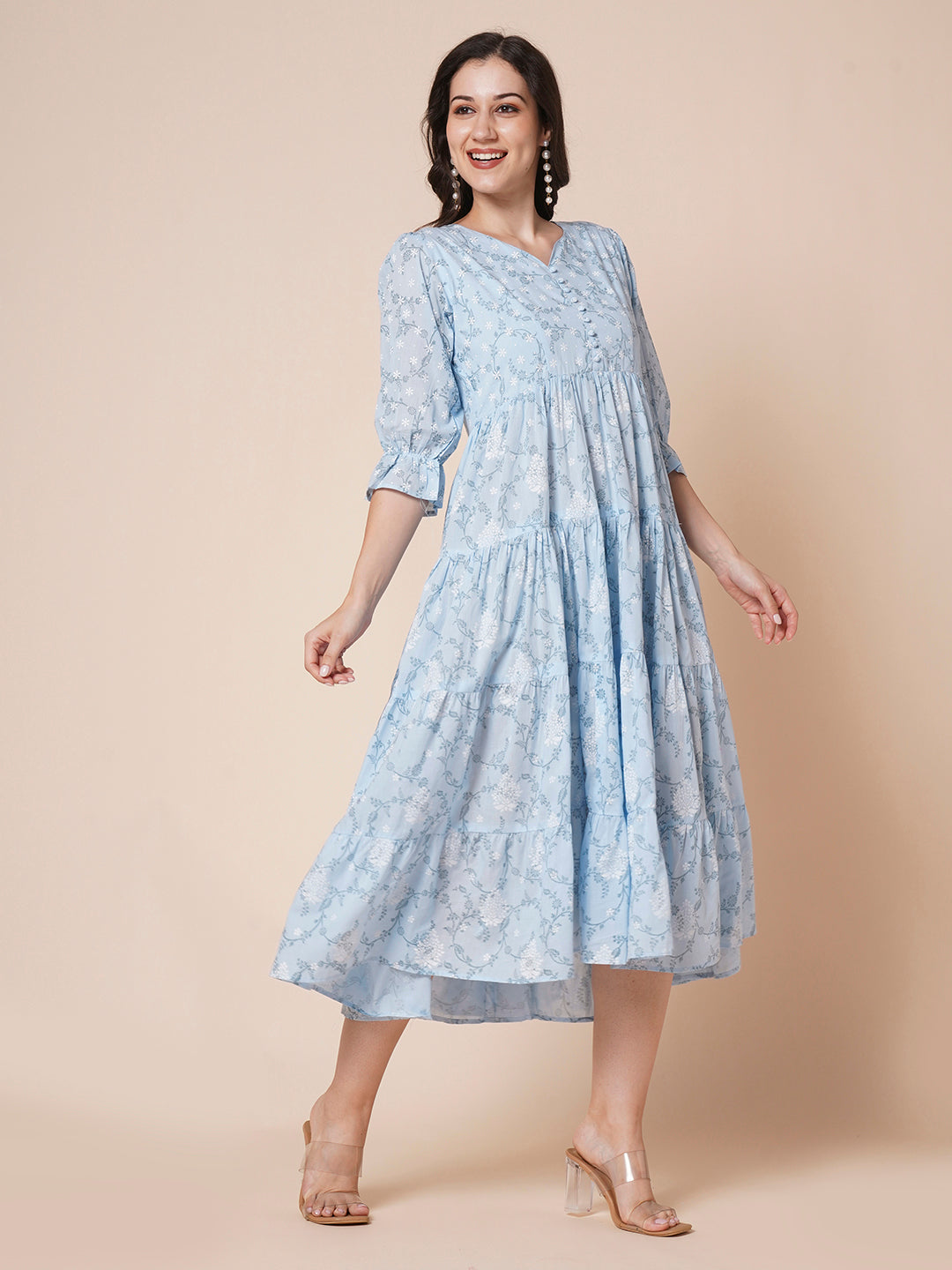 Women's Pure Cotton Tiered Printed Flared Kurti Gown Maxi Dress