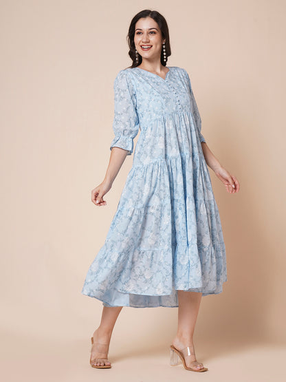 Women's Pure Cotton Tiered Printed Flared Kurti Gown Maxi Dress