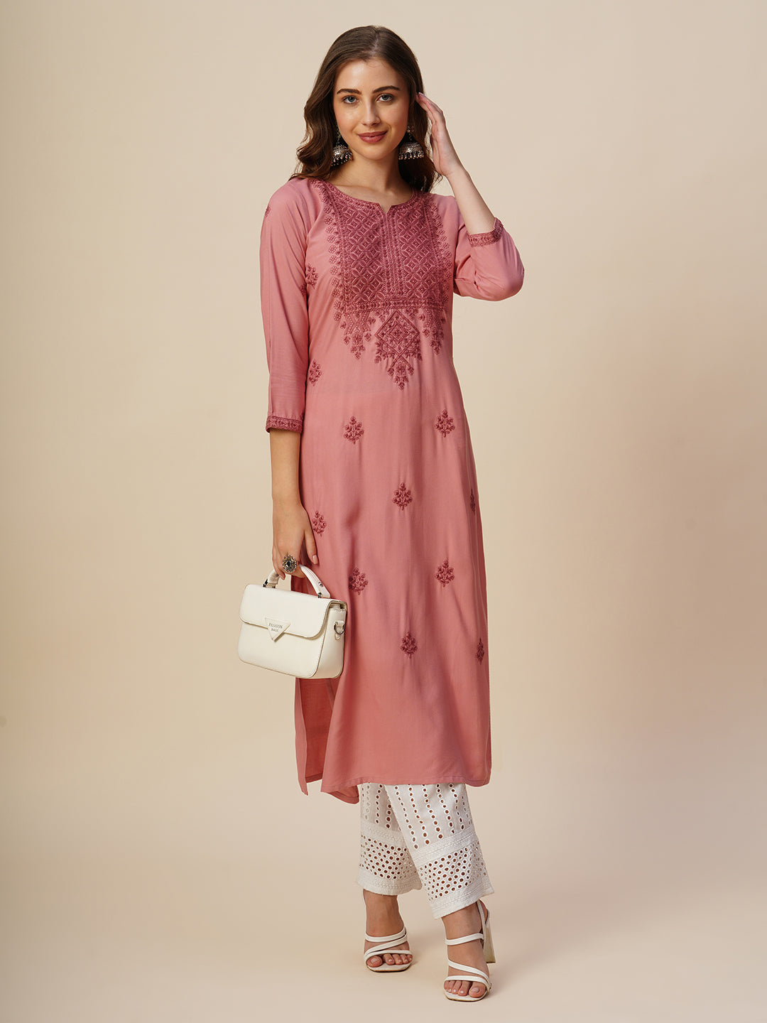 Rayon Straight Lucknowi Chikankari Ethnic Wear Kurta