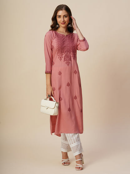 Rayon Straight Lucknowi Chikankari Ethnic Wear Kurta