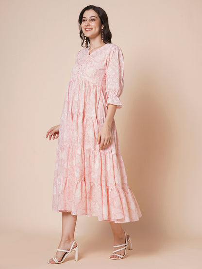 RATAN Women's Pure Cotton Tiered Printed Flared Kurti Gown Maxi Dress