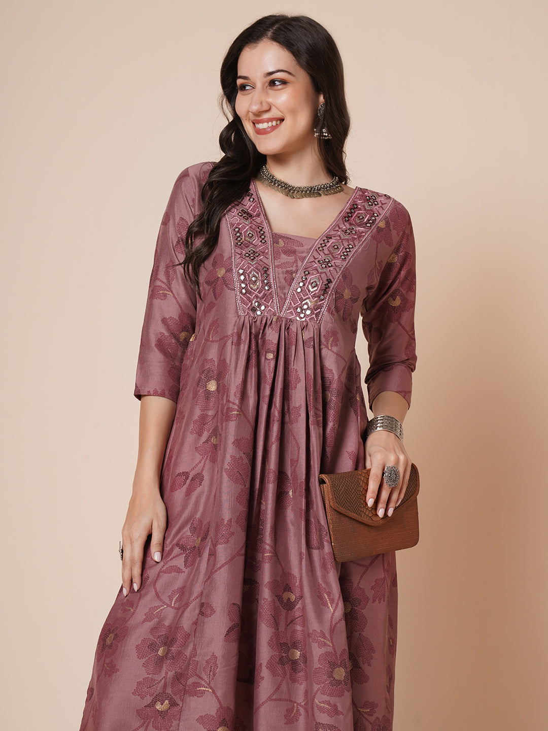 RATAN Women's Gold Printed Viscose Flared Mirrorwork Ethnic Wear Anarkali Kurta