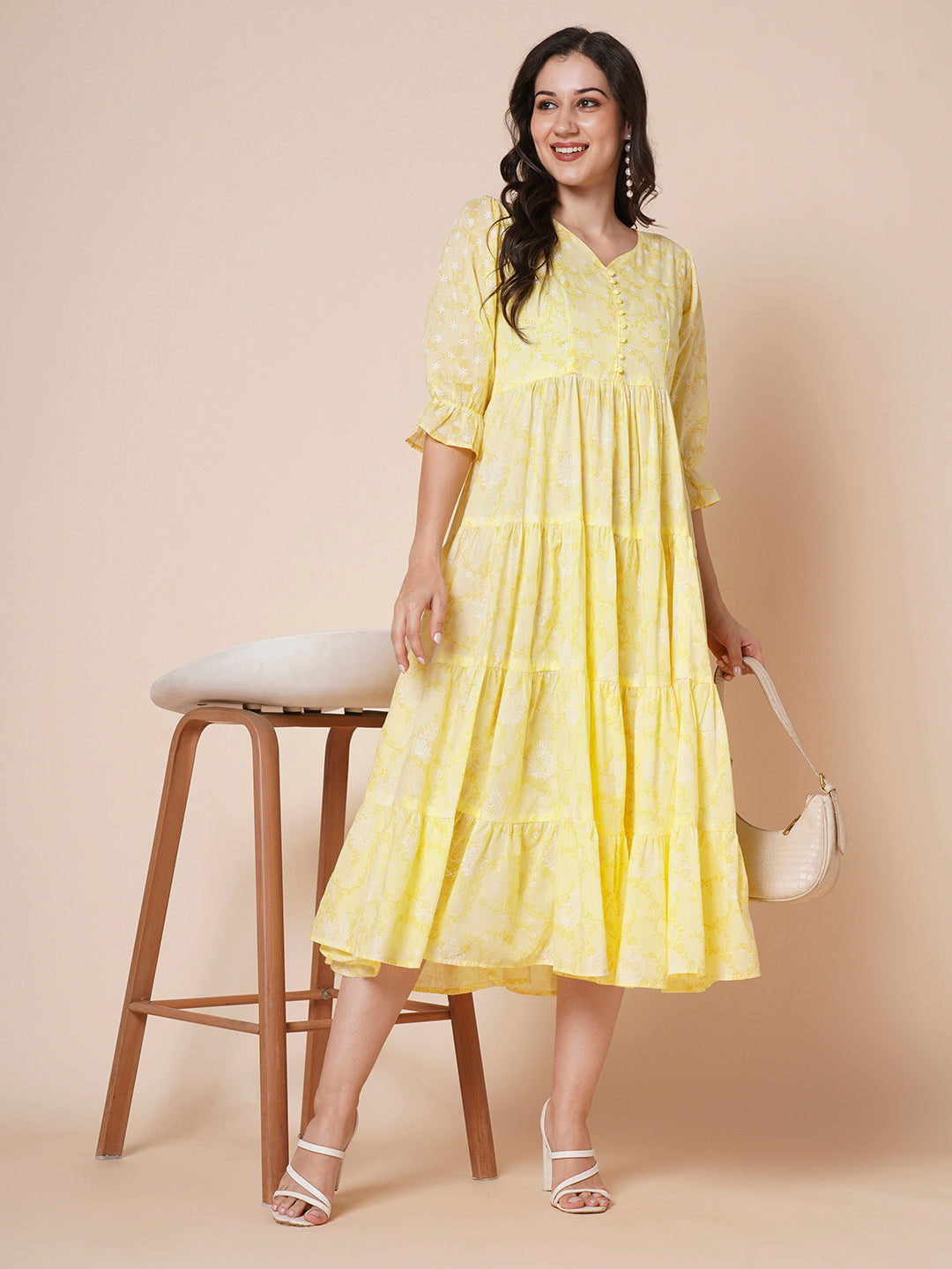 Women's Pure Cotton Tiered Printed Flared Kurti Gown Maxi Dress