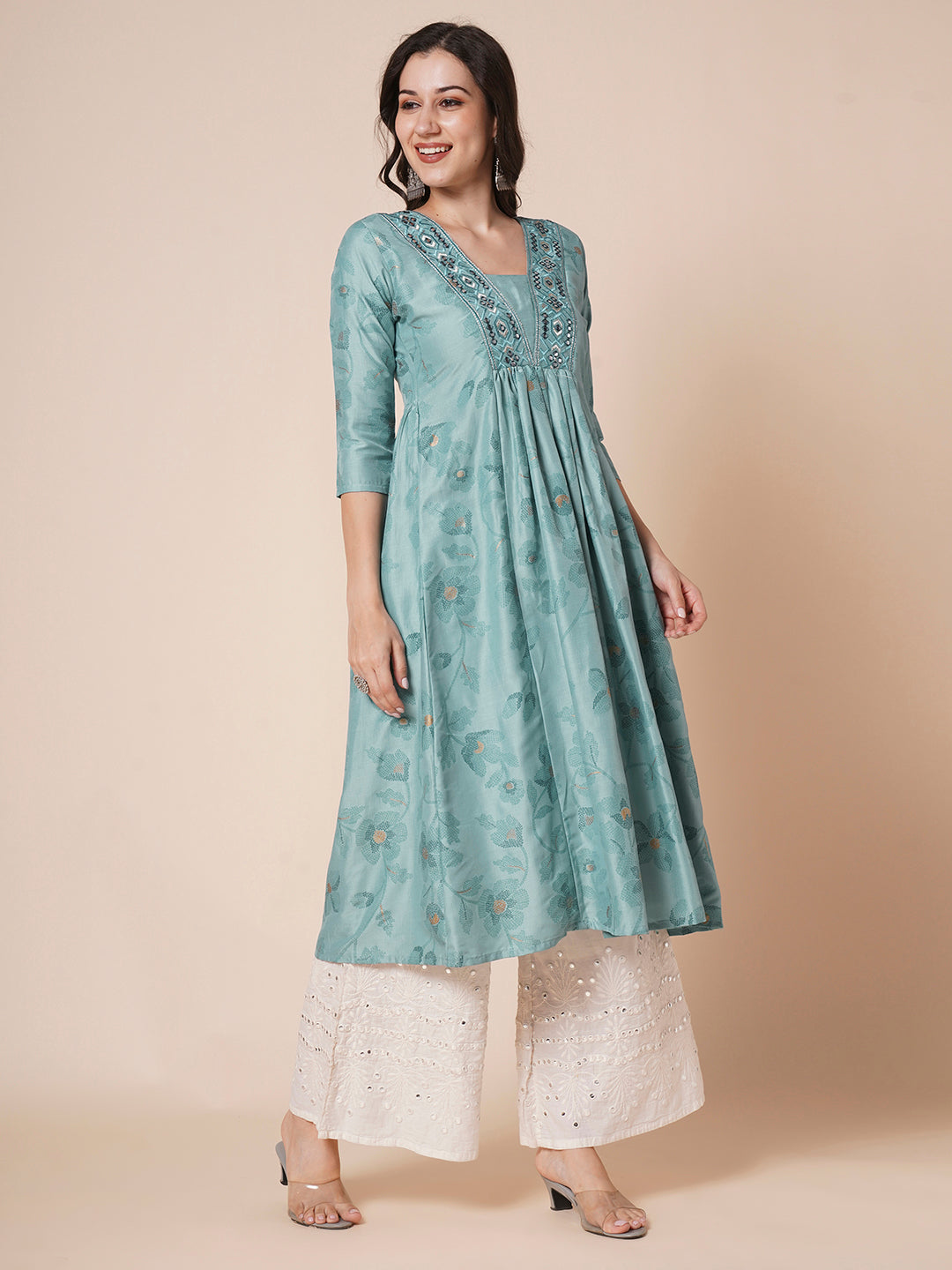 Women's Gold Printed Viscose Flared Mirrorwork Ethnic Wear Anarkali Kurta