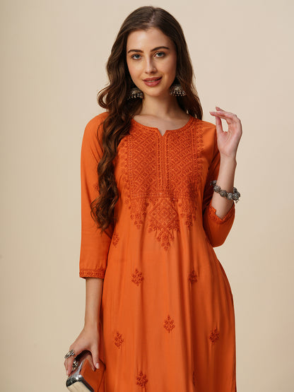 RATAN Women's Rayon Straight Lucknowi Chikankari Ethnic Wear Kurta