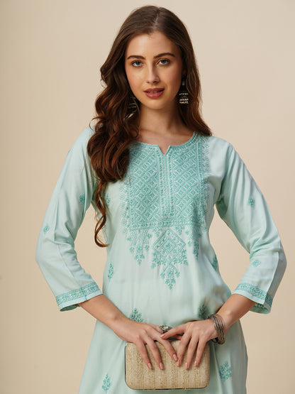 Rayon Straight Lucknowi Chikankari Ethnic Wear Kurta
