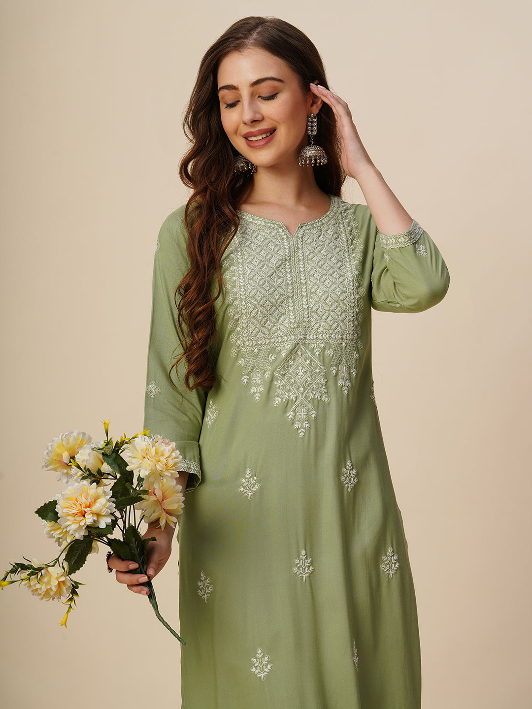 RATAN Women's Rayon Straight Lucknowi Chikankari Ethnic Wear Kurta