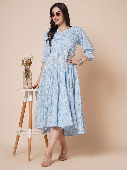 RATAN Women's Pure Cotton Tiered Printed Flared Kurti Gown Maxi Dress