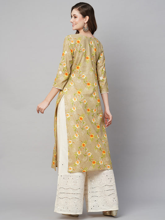 RATAN Women's Cotton Printed Straight Lucknowi Chikankari Ethinic Wear Kurta