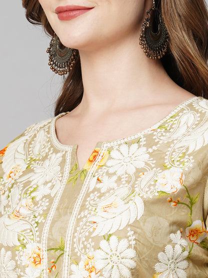 Cotton Printed Straight Lucknowi Chikankari Ethinic Wear Kurta