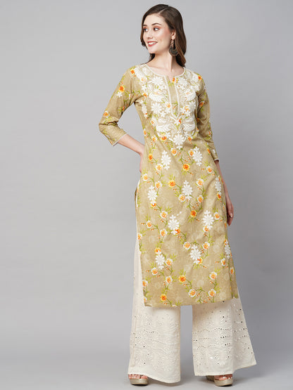 RATAN Women's Cotton Printed Straight Lucknowi Chikankari Ethinic Wear Kurta