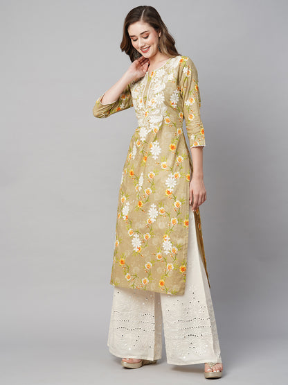 Cotton Printed Straight Lucknowi Chikankari Ethinic Wear Kurta