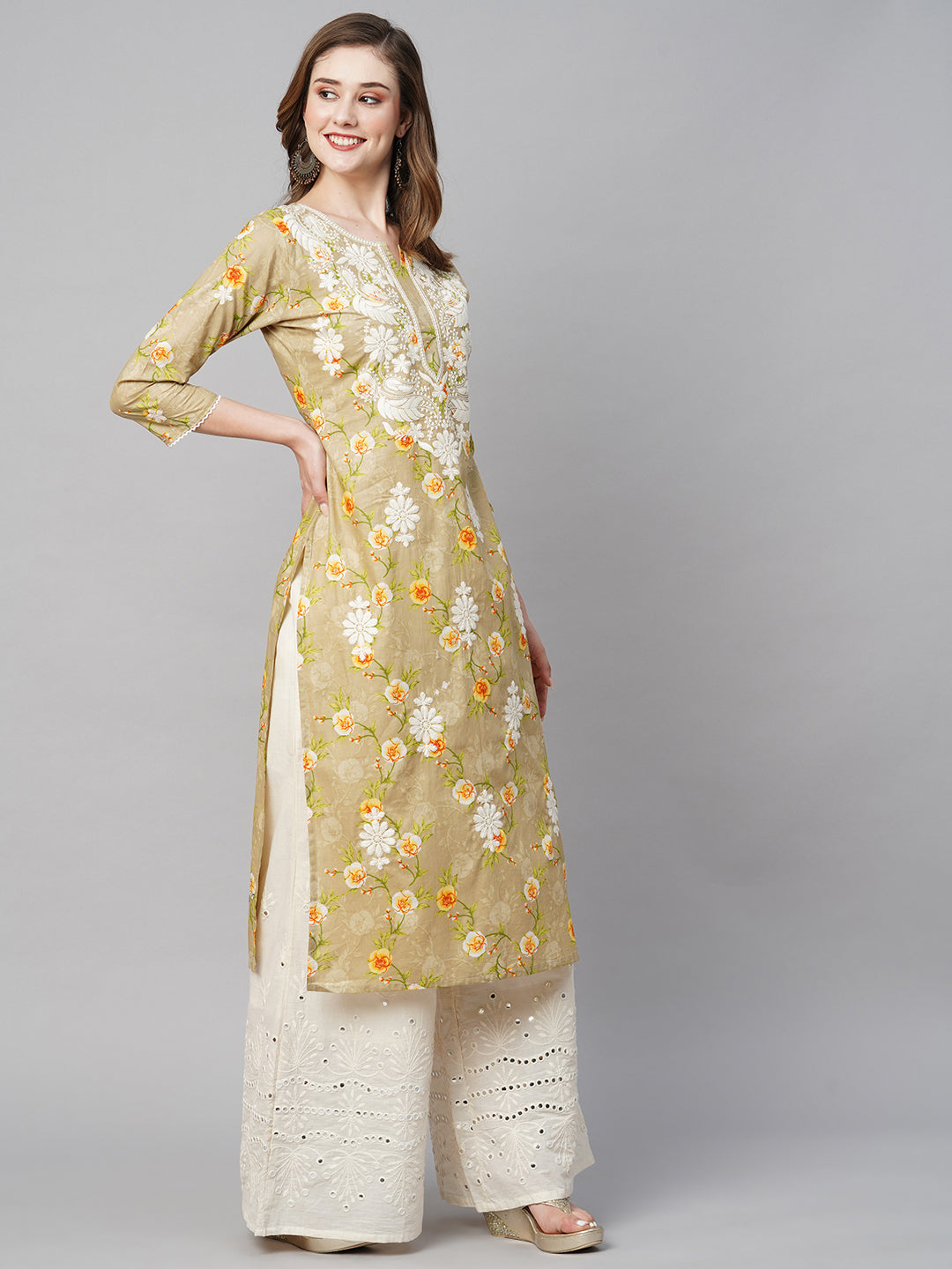 RATAN Women's Cotton Printed Straight Lucknowi Chikankari Ethinic Wear Kurta