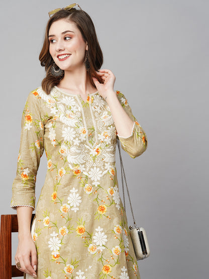 Cotton Printed Straight Lucknowi Chikankari Ethinic Wear Kurta