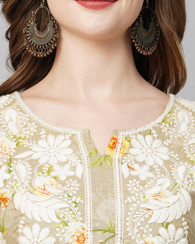 Cotton Printed Straight Lucknowi Chikankari Ethinic Wear Kurta