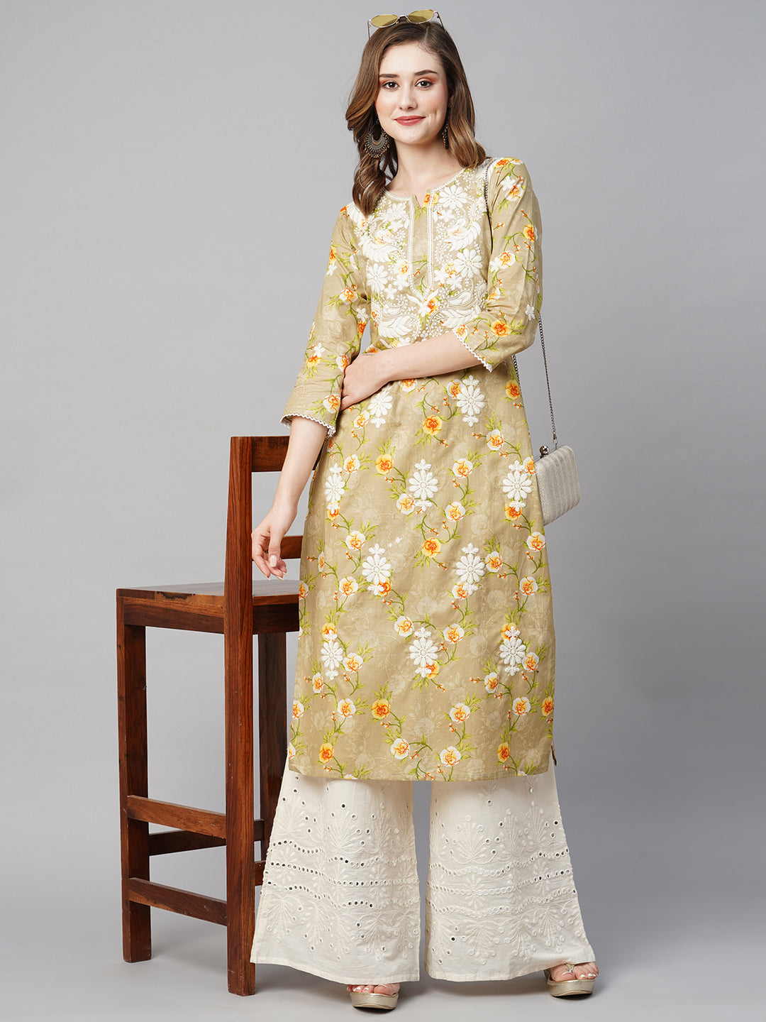 Cotton Printed Straight Lucknowi Chikankari Ethinic Wear Kurta