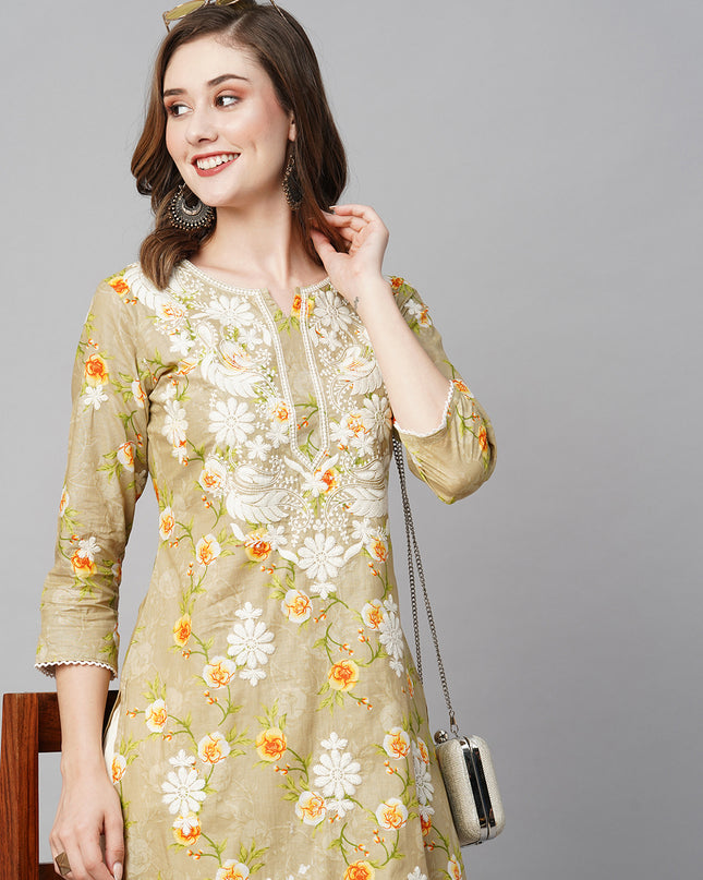 Cotton Printed Straight Lucknowi Chikankari Ethinic Wear Kurta